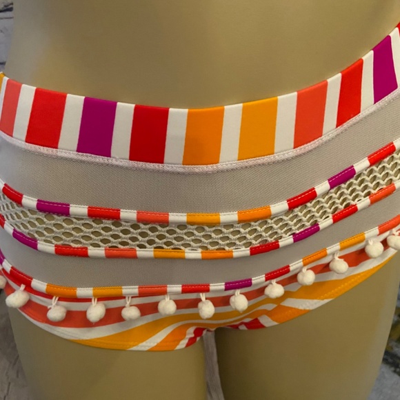 Bright Stripes Pom Pom Bikini, 👙, Size Small, Oranges and Pink Hues - Picture 6 of 9